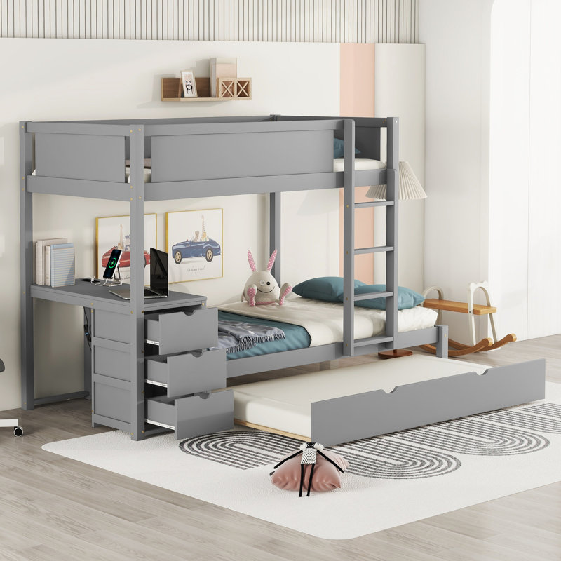 Bunk Bed with Desk Drawers and Trundle Harriet Bee Color Gray Size Twin Over Twin